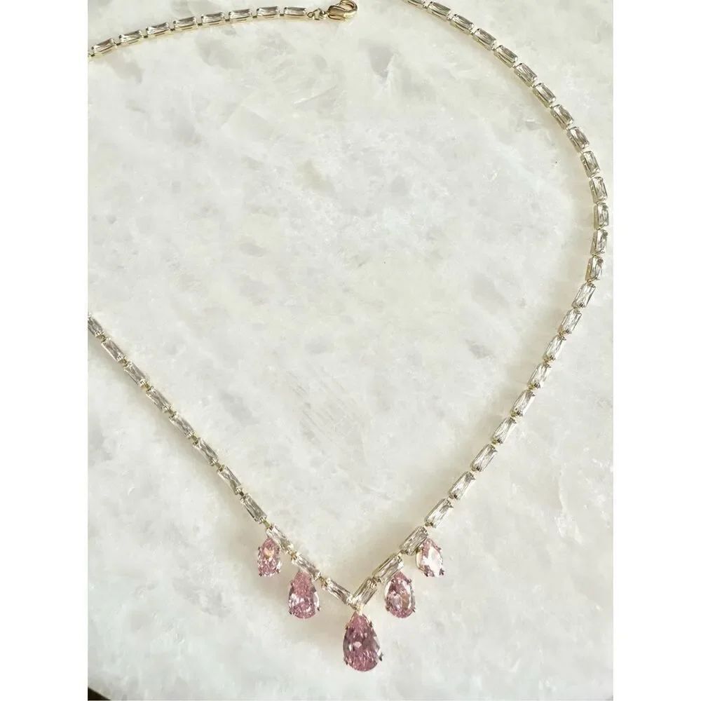 Cubic zirconia light pink teardrop statement necklace super sparkly 